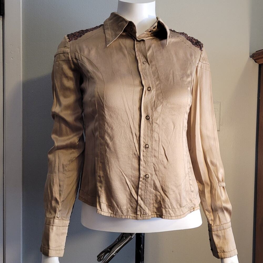 Vntg Da Nang 100% Silk Blouse Sz XS Bronze Sequin Cuff Y2K Boho Resort Wear Top